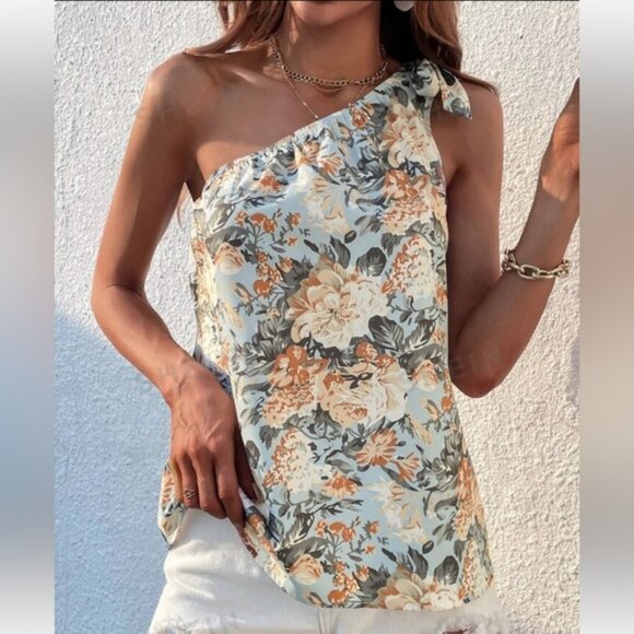NWOT SHEIN VCAY Floral Print Tie One Shoulder Blouse - Picture 1 of 12